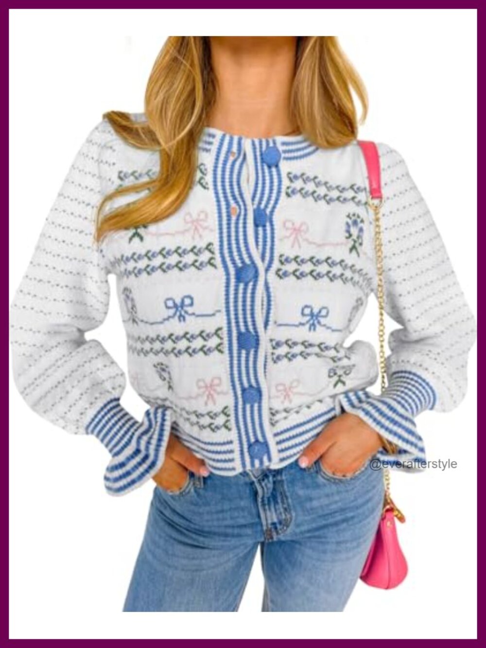 Women's Cropped Striped Knit Cardigan Puff Sleeve Button Bow Casual Sweater